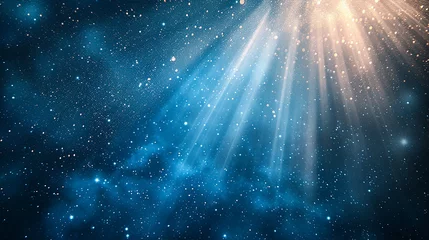 Foto op Plexiglas Scoppio di luce azzurra asimmetrica, raggi di luce astratti su sfondo azzurro , glitter, spazio per testo  © garpinina