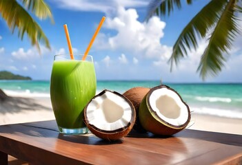 Coconut juice (coconut water) in fresh green coconut on wooden table with coconut palm tree on beach and blue sky blurred background. Vacation and holiday concept. Copy space