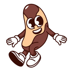 Groovy cartoon Brazil nut character dancing. Funny retro brown seed with Selenium, funky dance of happy nut mascot, healthy nutrition cartoon sticker and emoji of 70s 80s style vector illustration