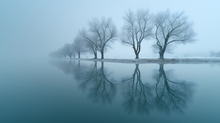 misty morning on the lake with trees