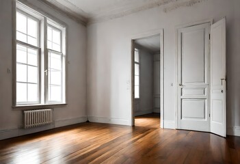 Apartment with hardwood floor and white, old, wooden doors