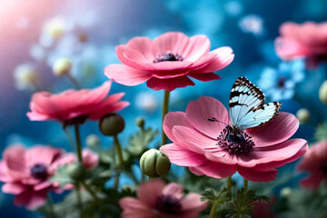 Amazing pink flowers, fresh spring morning with flying blue butterfly on soft blue background. Perfect artistic elegant picture, spring nature concept. Copy ad text space. Generative Ai illustration - obrazy, fototapety, plakaty