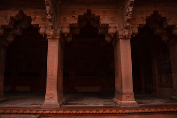 Indian Hindi Architecture pillars in Red fort Agra
