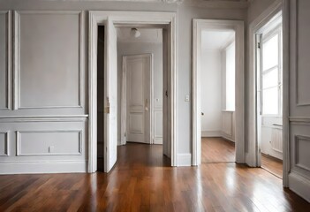 Apartment with hardwood floor and white, old, wooden doors