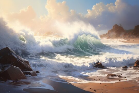 A Painting of Waves Crashing on a Rocky Beach