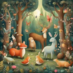 Whimsical forest scene with talking animals and enchanted trees - 1