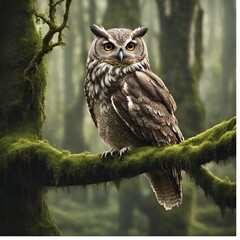 An Owl sitting in a rain forest with dark woods there