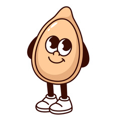 Groovy cartoon pumpkin seed character with cute face. Funny retro dry grain in shell standing in modest pose, pumpkin mascot with arms and legs, cartoon sticker of 70s 80s style vector illustration