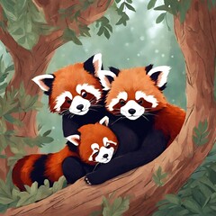 arable red pandas cuddled up in a cozy tree hollow