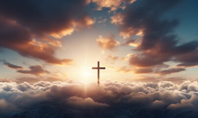 cross in the clouds: Easter's symbol of redemption - obrazy, fototapety, plakaty