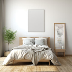 Frame mockup, single vertical ISO A paper size, reflective glass, mockup poster on the wall of bedroom. Interior mockup. Apartment background. Modern interior design. 3D render 