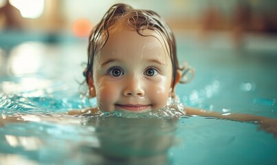 Fototapeta na wymiar happy child swimming in the pool, early swimming