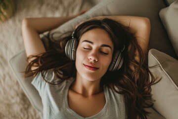 Woman Laying on Top of Bed Wearing Headphones