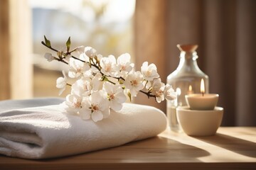 Obraz na płótnie Canvas Serene spa ambiance: empty massage table, white towels, aromatic oils, candles, flowers, and sunlight. Ideal for promoting relaxation and wellness