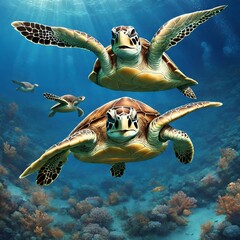 Ancient sea turtles gracefully swimming in the deep blue sea - 1
