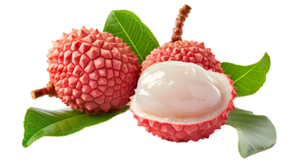 Juicy Lychee with cut in half isolated on white background. 