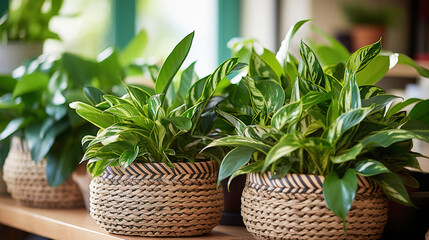 Houseplants with green leaves in basket pots on window sill - Powered by Adobe