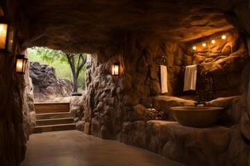 Bathroom in a cave, eco-friendly coexistence of nature and civilization with modern technologies, comfort in nature
