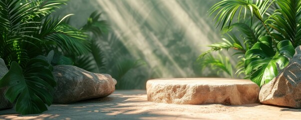 Stylish podium crafted from natural stone and concrete, set against a backdrop of verdant foliage