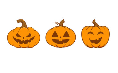 Set halloween pumpkins on white background. Orange pumpkin with smile 