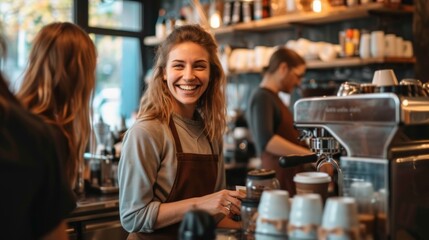 Smiling Woman Behind Coffee Bar