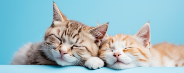 two cute kittens sleeping on a blue background