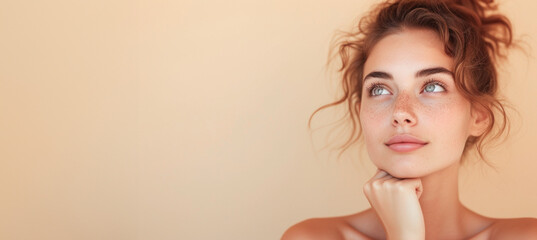 A young woman with radiant skin and impeccably styled hair gazes into the distance, exuding confidence and elegance. Warm hues envelop the banner, adding a touch of allure