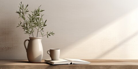 Minimalist Mediterranean-inspired decor. Textured vase with olive tree branches and coffee cup. Books on wooden table. Living room scene. Blank wall for customization. Contemporary interior - obrazy, fototapety, plakaty
