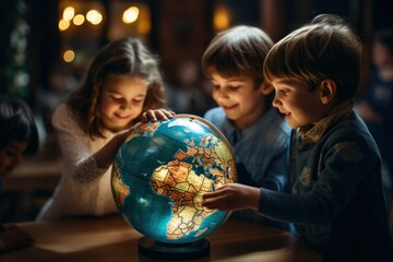 three little children playing with a globe, concept of education, earth study, geography