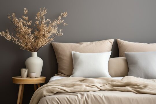 Close-up of a cozy gray bedroom featuring beige fabric pillows, a lamp on a bedside table, and flowers in a vase, offering a glimpse of minimalist tranquility