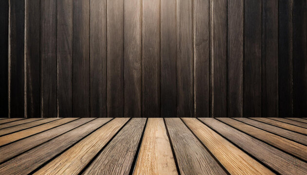 Old wood table with dark brown wall blurred background.