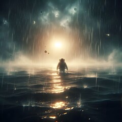An astronaut floating in the ocean showing loneliness and darkness, 4k wallpaper, rain - obrazy, fototapety, plakaty