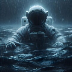 An astronaut floating in the ocean showing loneliness and darkness, 4k wallpaper, rain