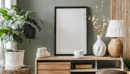 Mockup poster frame on the wall of living room. Luxurious apartment background with contemporary design. Modern interior design.