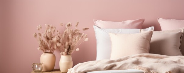 Detailed shot of a pink bedroom, showcasing beige pillows, lamp, and vase. Interior design elements for bedroom decoration