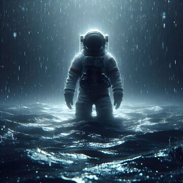An astronaut floating in the ocean showing loneliness and darkness, 4k wallpaper, rain