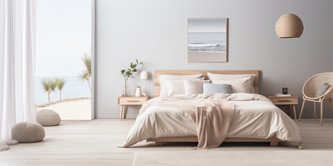 Fototapeta na wymiar Minimalist Scandinavian interior in beach-themed apartment with a beige bedroom and simple decor.