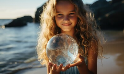 Naklejka premium A girl delicately cradles a glass sphere, symbolizing the fragility of our planet and promoting environmental awareness on Earth Day. A poignant reminder of our responsibility to protect the Earth