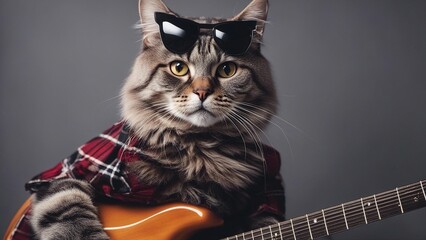 cat with guitar Cat Scottish Straight in sunglasses with electric guitar on gray background 