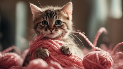 comical kitten with a look of mock despair, hilariously entangled in a giant ball of yarn,  