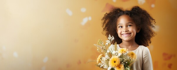 Happy innocent smiling child girl with a bouquet of wild flowers, congratulations to mom, grandmother, dad