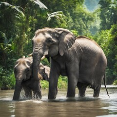 Family of elephants bathing in a refreshing jungle rive