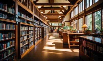 Modern library interior with multi-tiered shelves full of books, stairs, comfortable reading tables and armchairs