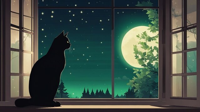 cat on window A mysterious black cat with eyes that glow like emeralds, sitting gracefully on a moonlit windowsill 