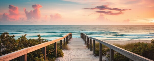 Long boardwalk leading to white sand beach and ocean at sunset