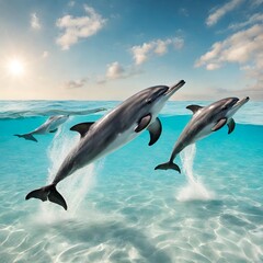 Playful dolphins frolicking in crystal-clear ocean waters