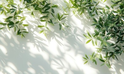 Mediterranean concept. Shadows of olive tree leaves, branches over white wall. sunlight overlay, empty copy space