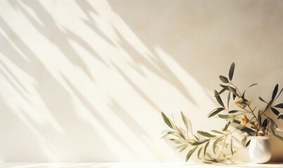 Mediterranean concept. Shadows of olive tree leaves, branches over a white wall. Branches in a vase. Summer background, sunlight overlay, empty copy space