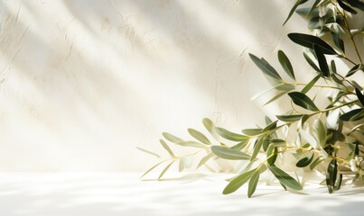 Shadows of olive tree leaves, branches over a white wall. Branches in a white vase. Summer background, sunlight overlay, empty copy space