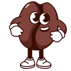 Groovy cartoon coffee bean character smiling. Funny retro brown seed with arms and legs, roast coffee grain mascot with smile on cute comic face, cartoon sticker of 70s 80s style vector illustration
